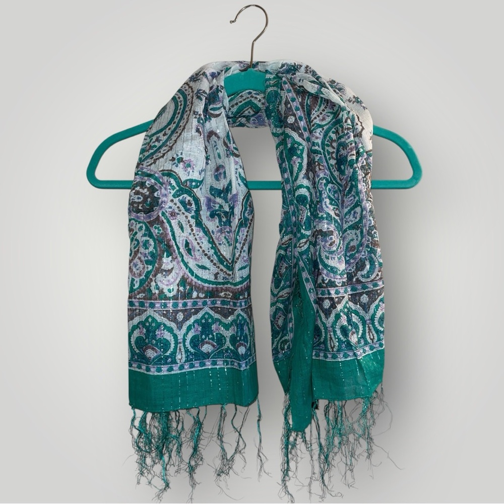Chaudry Turquoise Patterned Paisley Fringed Scarf with Silver Strands